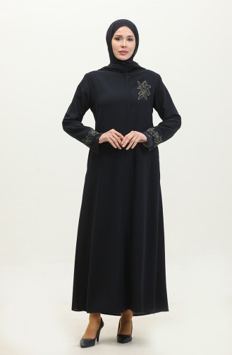 Large Size Embroidered Lace Detailed Abaya 5065-02 Navy Blue 5065-02