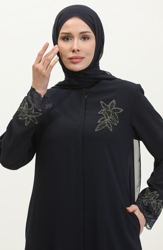 Large Size Embroidered Lace Detailed Abaya 5065-02 Navy Blue 5065-02