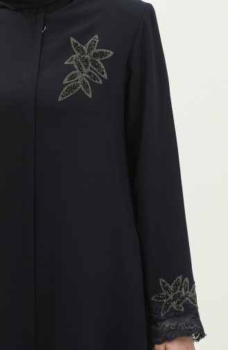 Large Size Embroidered Lace Detailed Abaya 5065-02 Navy Blue 5065-02