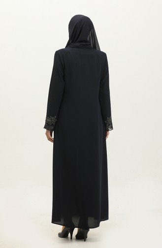 Large Size Embroidered Lace Detailed Abaya 5065-02 Navy Blue 5065-02