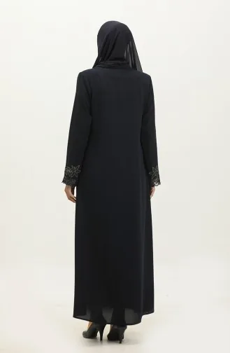 Abaya Détail Dentelle Brodée Grande Taille 5065-02 Bleu Marine 5065-02