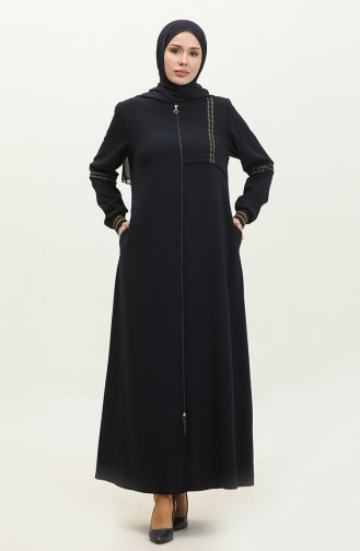 Große Gerippte Abaya Mit Reißverschluss 5064-02 Marineblau 5064-02