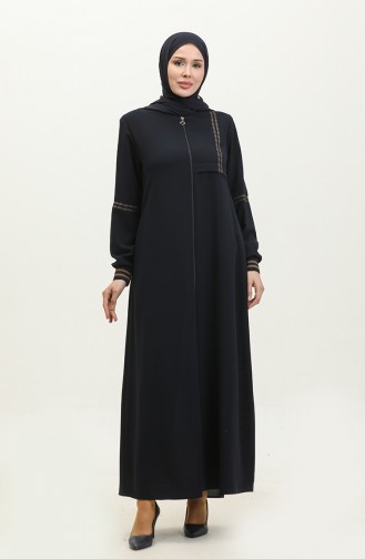 Grote Maat Geribbelde Abaya Met Ritssluiting 5064-02 Marineblauw 5064-02