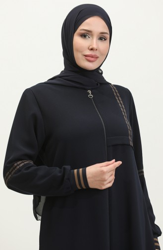 Grote Maat Geribbelde Abaya Met Ritssluiting 5064-02 Marineblauw 5064-02