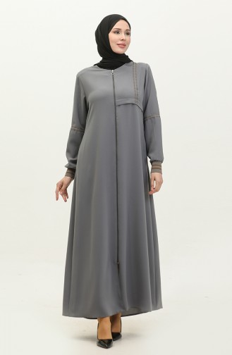 Große Gerippte Abaya Mit Reißverschluss 5064-05 Grau 5064-05