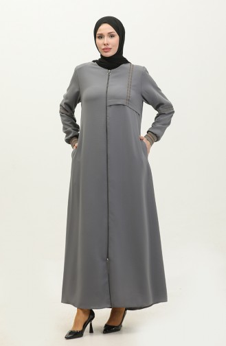 Große Gerippte Abaya Mit Reißverschluss 5064-05 Grau 5064-05