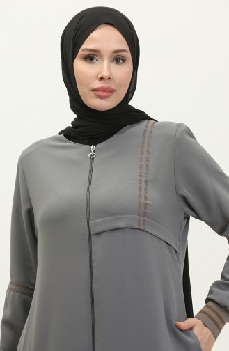 Grote Maat Geribbelde Abaya Met Ritssluiting 5064-05 Grijs 5064-05