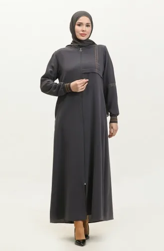 Grote Maat Geribbelde Abaya Met Ritssluiting 5064-06 Gerookt 5064-06