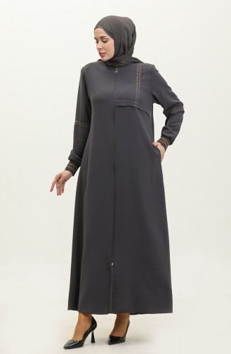 Plus Size Ribbed Zippered Abaya 5064-06 Smoke Colored 5064-06