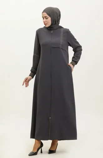 Grote Maat Geribbelde Abaya Met Ritssluiting 5064-06 Gerookt 5064-06