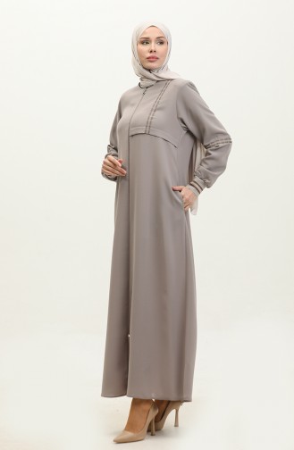 Grote Maat Geribbelde Abaya Met Ritssluiting 5064-07 Mink 5064-07