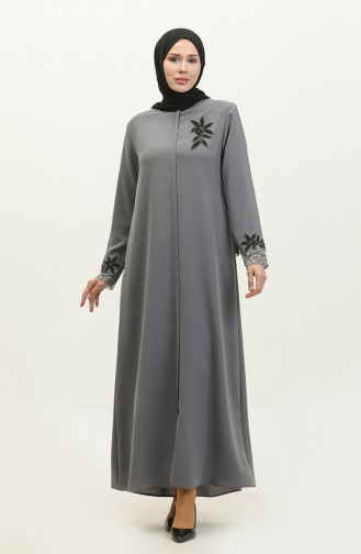 Large Size Embroidered Lace Detailed Abaya 5065-05 Gray 5065-05