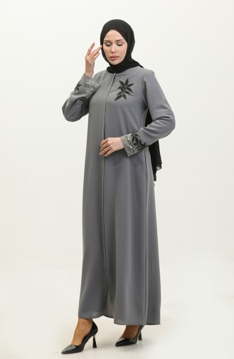 Large Size Embroidered Lace Detailed Abaya 5065-05 Gray 5065-05