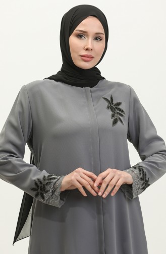 Large Size Embroidered Lace Detailed Abaya 5065-05 Gray 5065-05