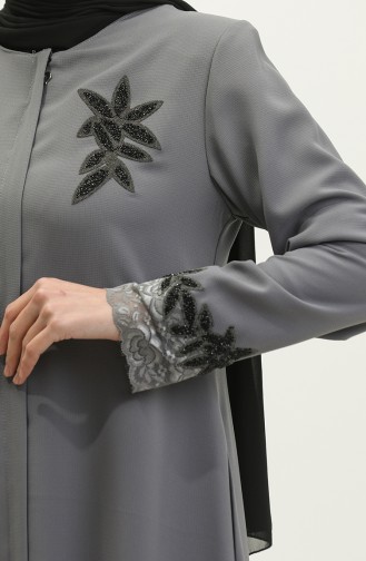 Large Size Embroidered Lace Detailed Abaya 5065-05 Gray 5065-05