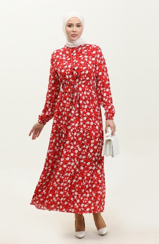 Flower Patterned Shirred Waist Viscose Dress 0311-01 Red 0311-01