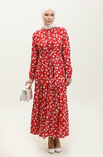 Flower Patterned Shirred Waist Viscose Dress 0311-01 Red 0311-01