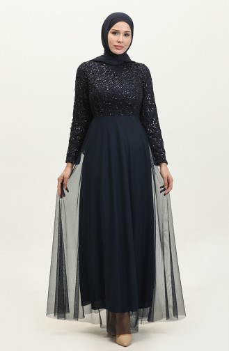 Lace Belted Evening Dress 5353a-11 Navy Blue 5353A-11