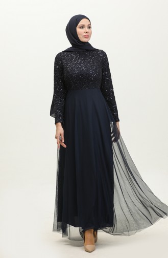 Lace Belted Evening Dress 5353a-11 Navy Blue 5353A-11