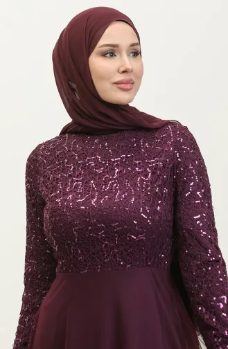 Robe De Soirée A Ceinture Et Dentelle 5353A-13 Prune 5353A-13