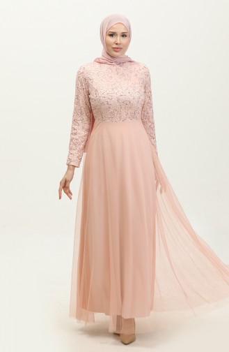 Lace Belted Evening Dress 5353A-14 Powder 5353A-14