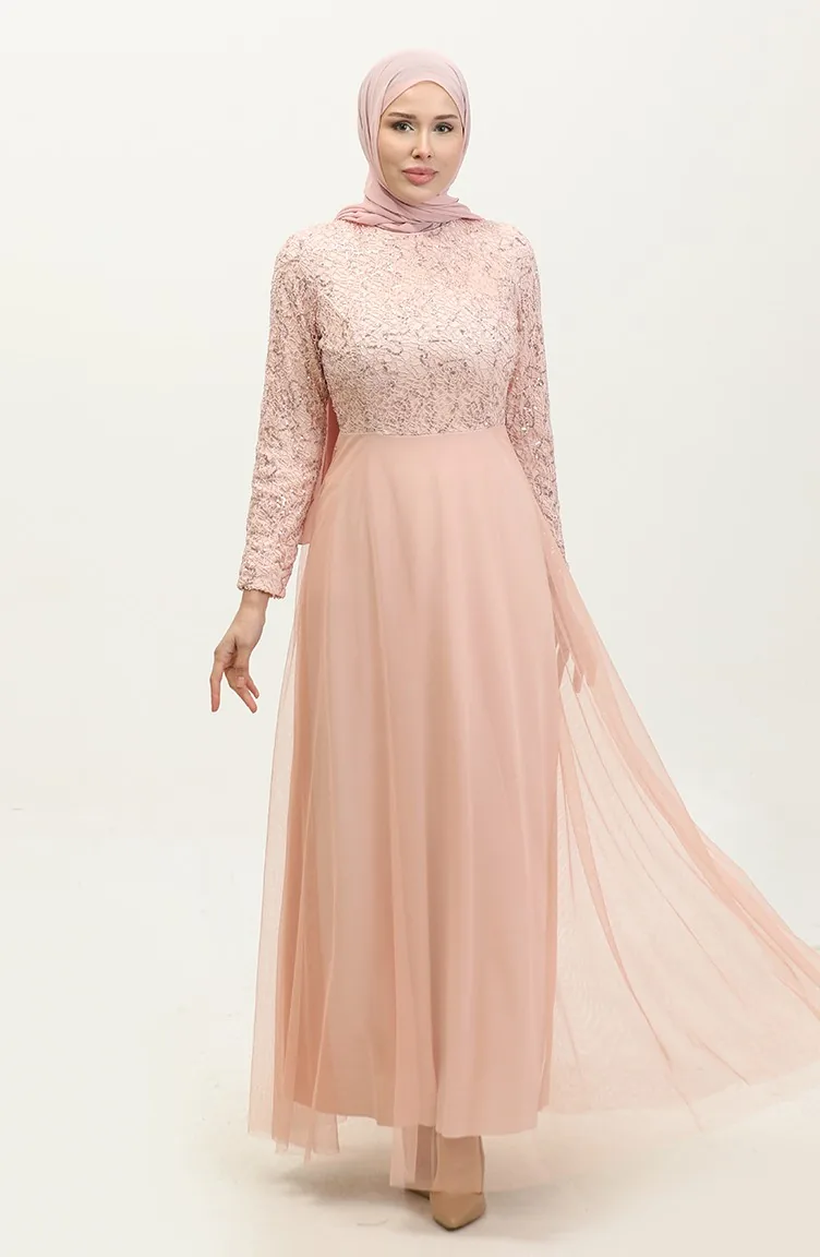 Abendkleid Mit Spitze Und Gürtel 5353A-14 Puder 5353A-14