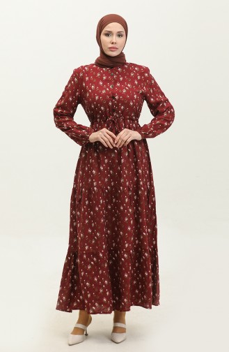 Robe Viscose A Motifs Floral Demi Boutonnée 0309-01 Rouge Claret 0309-01