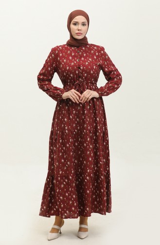 Half Buttoned Floral Patterned Viscose Dress 0309-01 Claret Red 0309-01