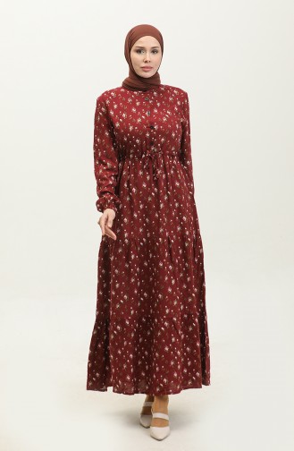 Half Buttoned Floral Patterned Viscose Dress 0309-01 Claret Red 0309-01