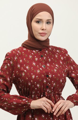 Robe Viscose A Motifs Floral Demi Boutonnée 0309-01 Rouge Claret 0309-01