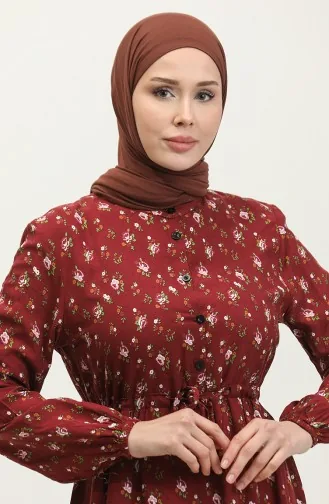 Robe Viscose A Motifs Floral Demi Boutonnée 0309-01 Rouge Claret 0309-01