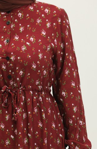 Half Buttoned Floral Patterned Viscose Dress 0309-01 Claret Red 0309-01