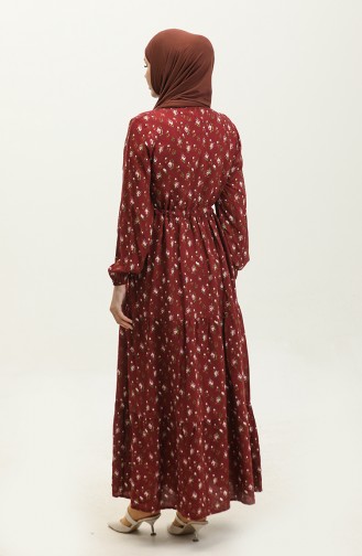 Half Buttoned Floral Patterned Viscose Dress 0309-01 Claret Red 0309-01