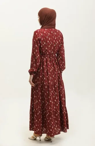 Robe Viscose A Motifs Floral Demi Boutonnée 0309-01 Rouge Claret 0309-01