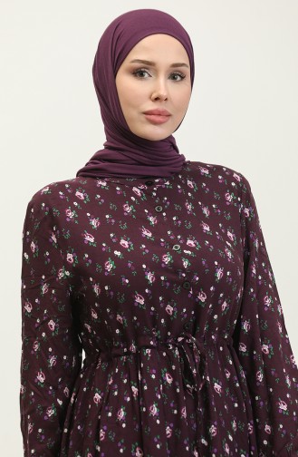 Half Buttoned Floral Patterned Viscose Dress 0309-02 Purple 0309-02