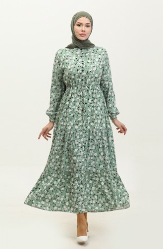 Robe Viscose Froncee à Motifs Fleuris 0311-02 Vert 0311-02