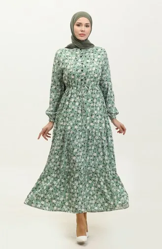 Robe Viscose Froncee à Motifs Fleuris 0311-02 Vert 0311-02