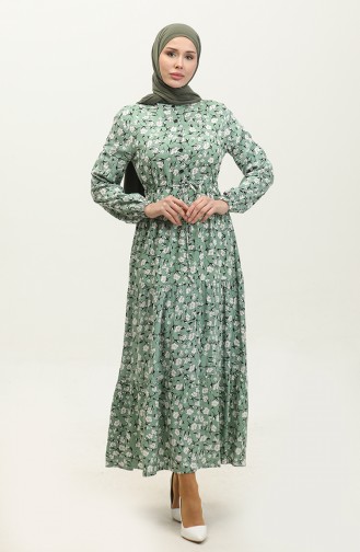 Robe Viscose Froncee à Motifs Fleuris 0311-02 Vert 0311-02
