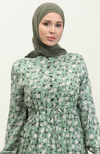 Robe Viscose Froncee à Motifs Fleuris 0311-02 Vert 0311-02
