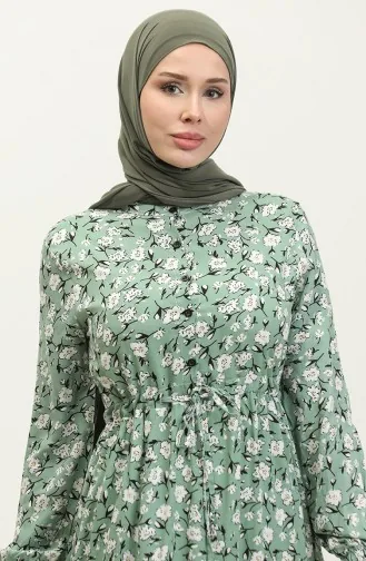 Robe Viscose Froncee à Motifs Fleuris 0311-02 Vert 0311-02