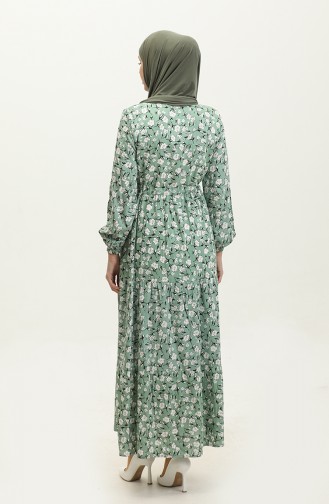 Robe Viscose Froncee à Motifs Fleuris 0311-02 Vert 0311-02