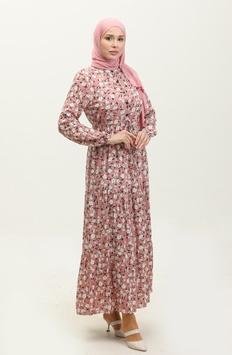 Robe Viscose à Motifs Fleurs Et Taille Froncee 0311-03 Poudre 0311-03