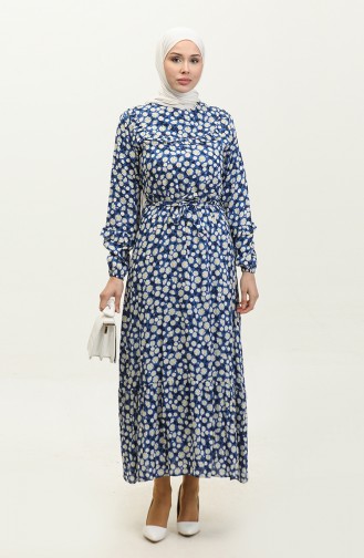 Robe Viscose A Motifs Marguerite Et Ceinturée 0312-01 Saks 0312-01