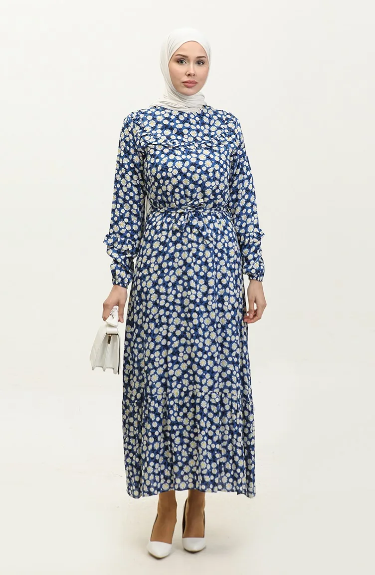 Robe Viscose A Motifs Marguerite Et Ceinturée 0312-01 Saks 0312-01