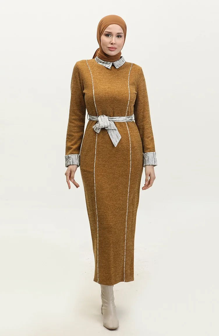 Robe De Saison Détaillée à Rayures Tan G9101 298