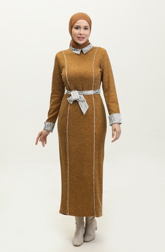 Streifendetailliertes Saisonales Kleid Tan G9101 298