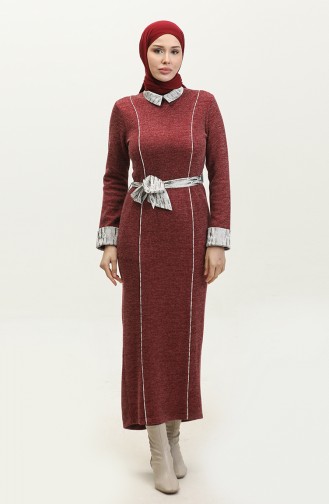 Stripe Detailed Seasonal Dress Claret Red G9101 300