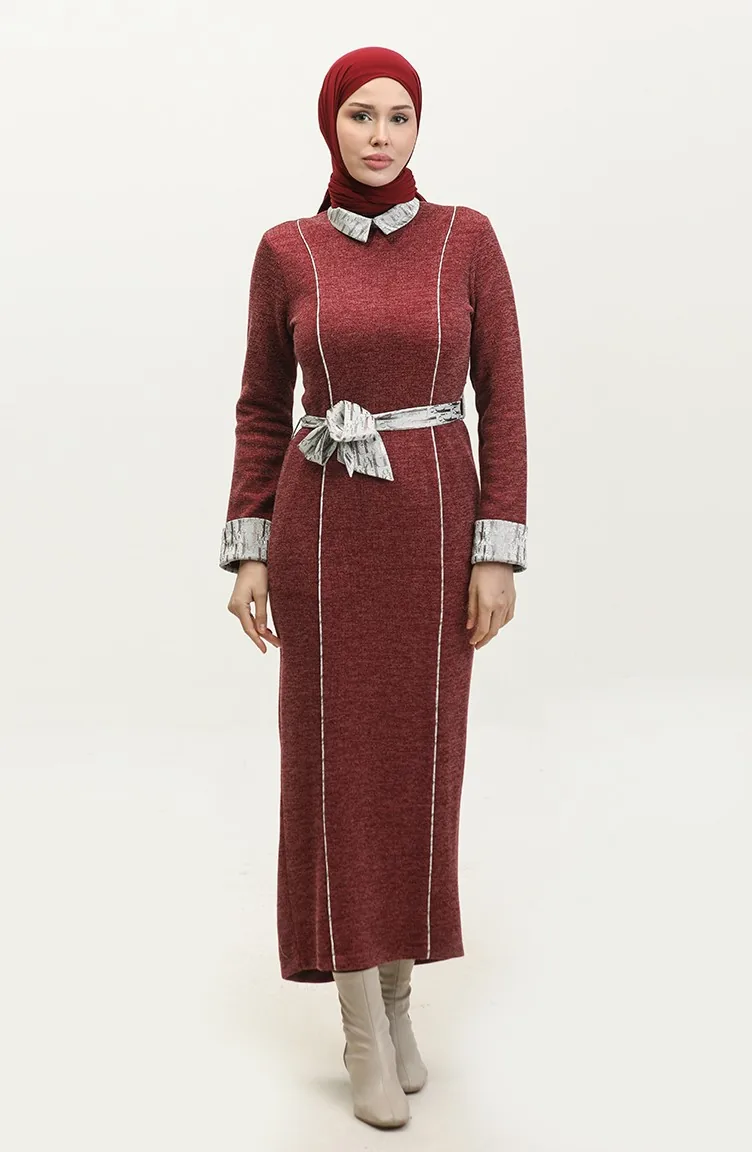 Robe De Saison Détaillée à Rayures Rouge Claret G9101 300