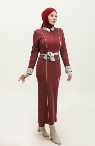 Stripe Detailed Seasonal Dress Claret Red G9101 300