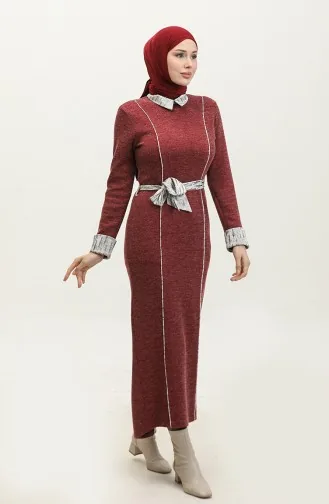 Robe De Saison Détaillée à Rayures Rouge Claret G9101 300